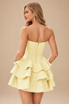 Rutipo Yellow A-line Crystal Strapless Corset Satin Tiered Ruffle Homecoming Dress
