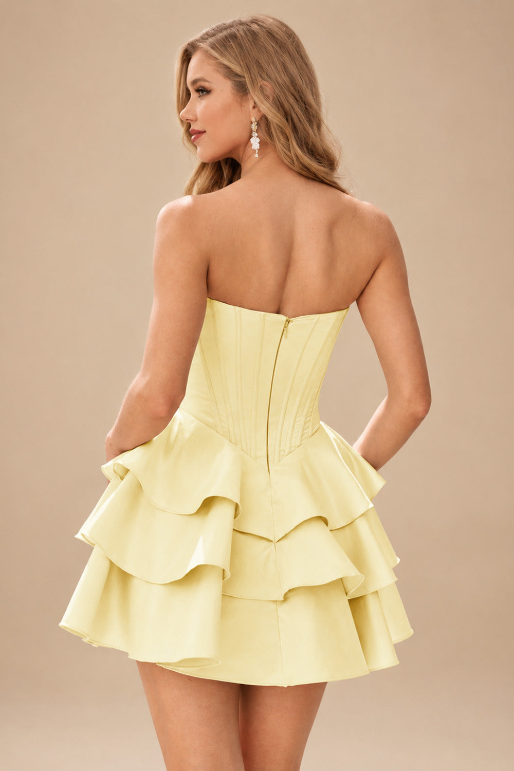 Rutipo Yellow A-line Crystal Strapless Corset Satin Tiered Ruffle Homecoming Dress