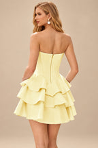 Rutipo Yellow A-line Crystal Strapless Corset Satin Tiered Ruffle Homecoming Dress
