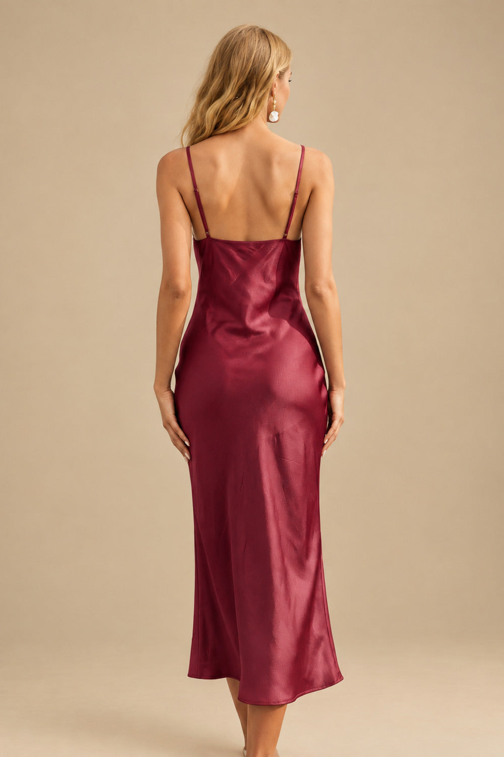 Rutipo Burgundy Sheath/Column Cowl Neck Sleeveless Bridesmaid Dress