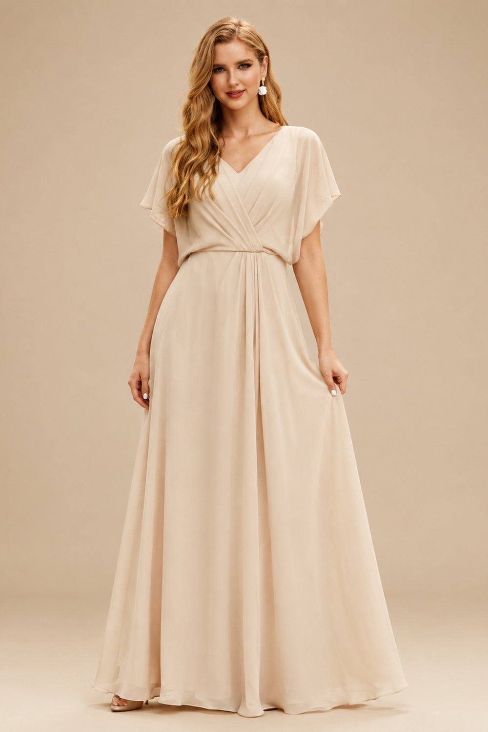 Rutipo Champagne Sheath/Column Cowl Neck Sleeveless Bridesmaid Dress