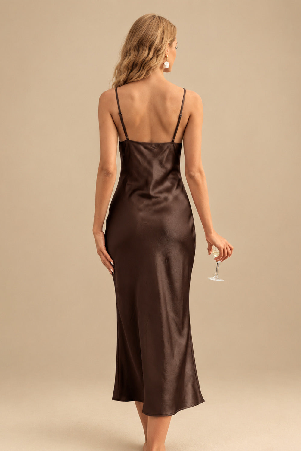 Rutipo Chocolate Sheath/Column Cowl Neck Sleeveless Bridesmaid Dress