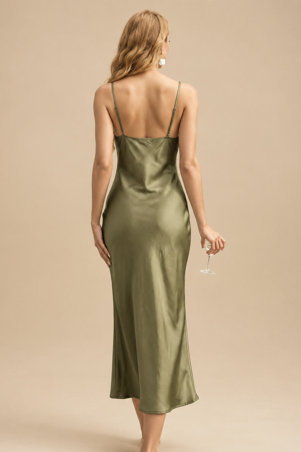 Rutipo Olive Green Sheath/Column Cowl Neck Sleeveless Bridesmaid Dress