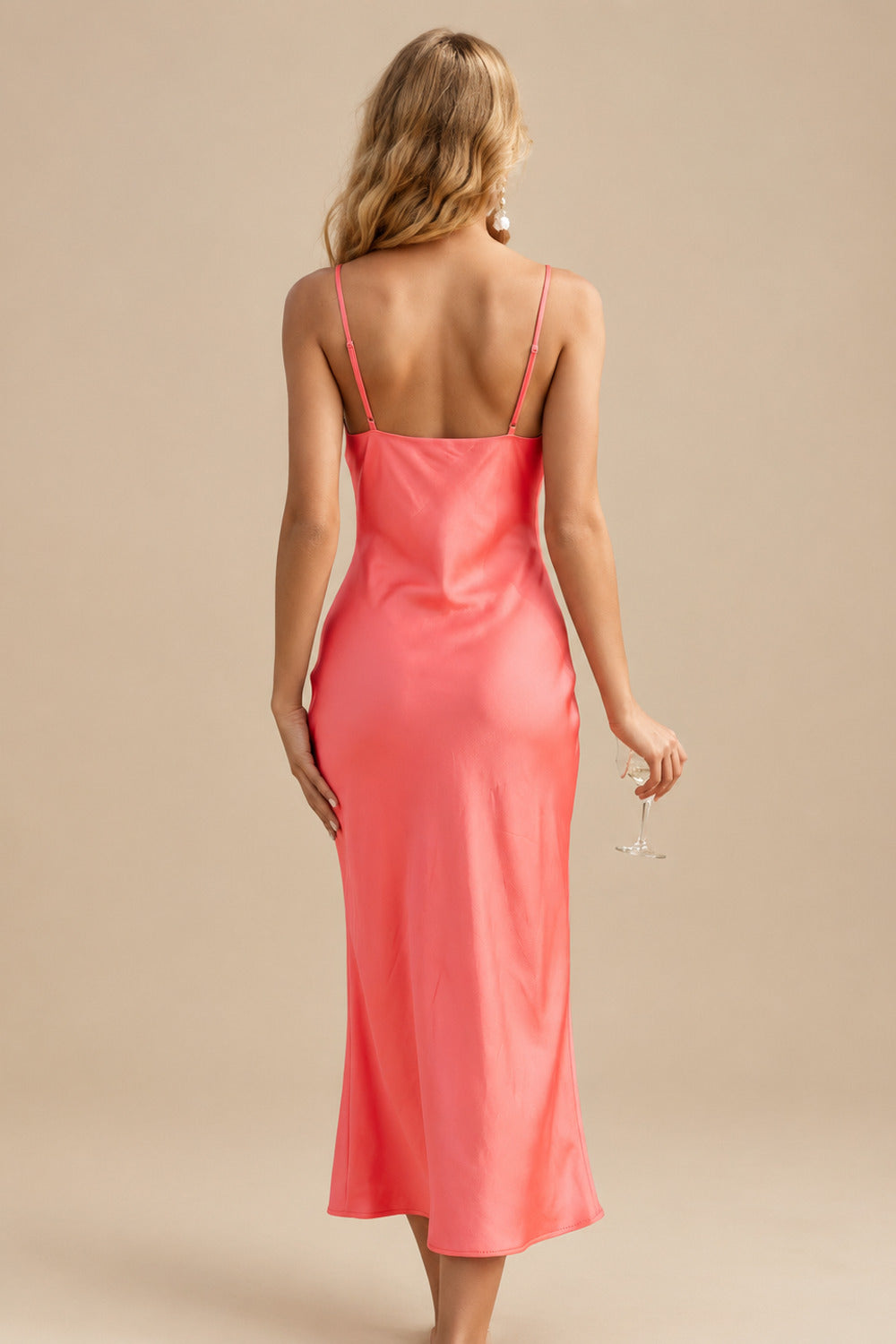 Rutipo Watermelon Sheath/Column Cowl Neck Sleeveless Bridesmaid Dress