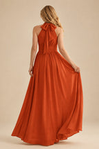 Rutipo Burnt Orange High Neck Chiffon Bridesmaid Dresses With Bow