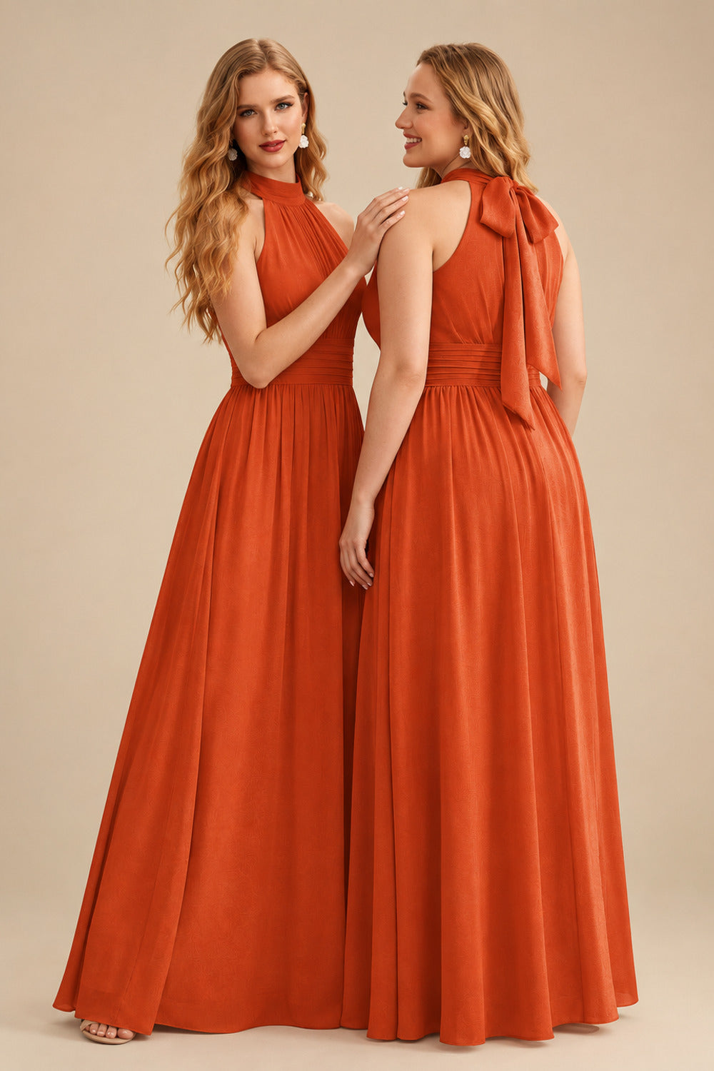 Rutipo Burnt Orange High Neck Chiffon Bridesmaid Dresses With Bow
