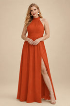 Rutipo Burnt Orange High Neck Chiffon Bridesmaid Dresses With Bow