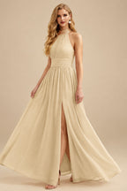 Rutipo Champagne High Neck Chiffon Bridesmaid Dresses With Bow