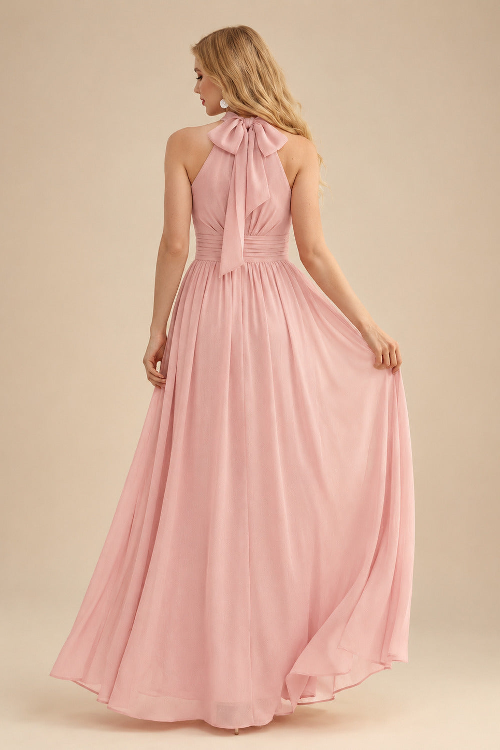 Rutipo Dusty Rose High Neck Chiffon Bridesmaid Dresses With Bow