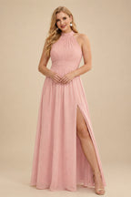Rutipo Dusty Rose High Neck Chiffon Bridesmaid Dresses With Bow