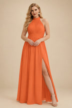 Rutipo Orange High Neck Chiffon Bridesmaid Dresses With Bow