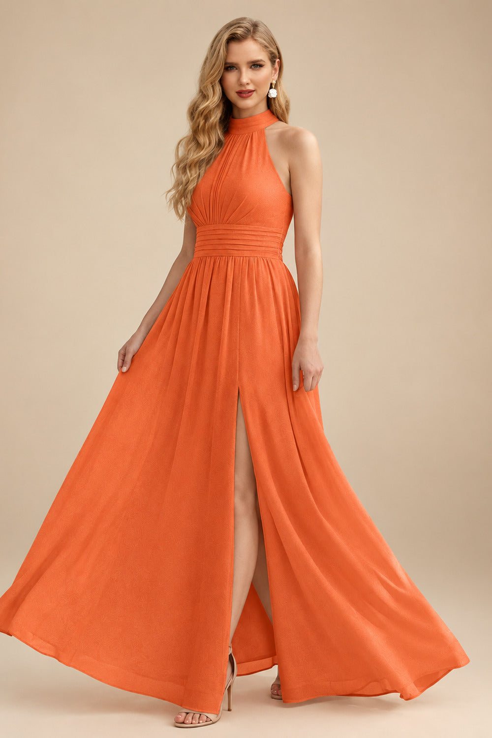 Rutipo Orange High Neck Chiffon Bridesmaid Dresses With Bow