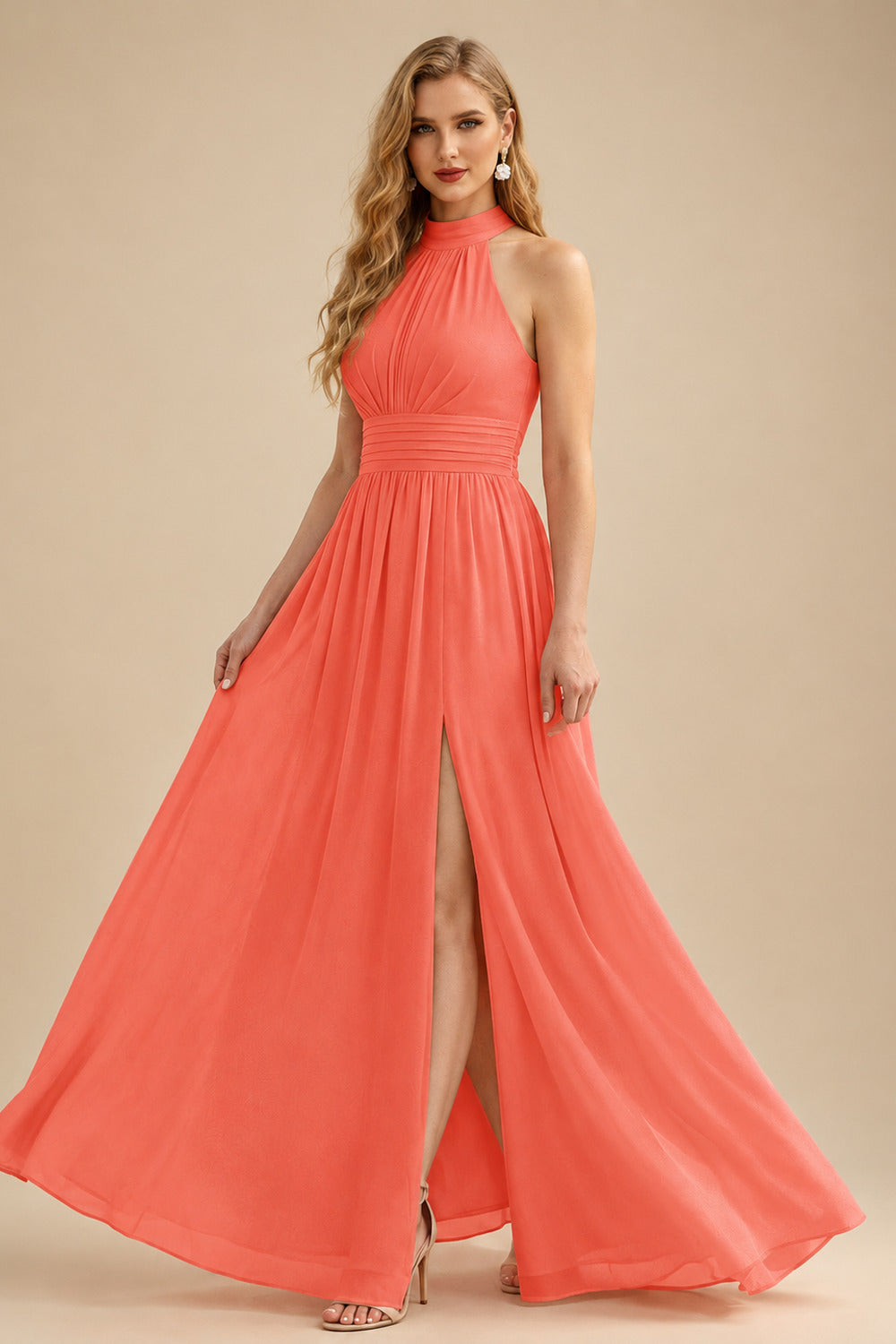Rutipo Papaya High Neck Chiffon Bridesmaid Dresses With Bow