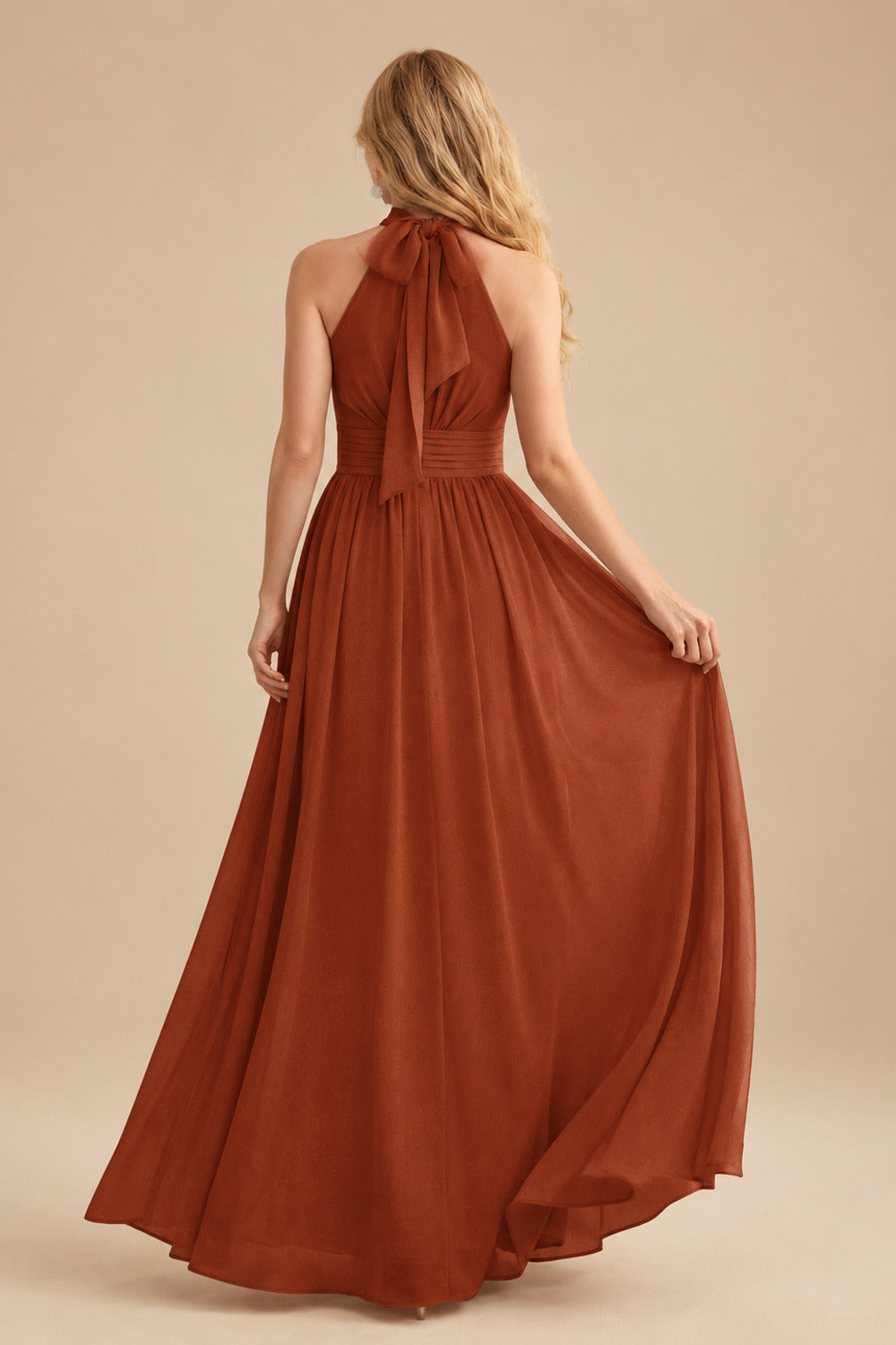 Rutipo Terracotta High Neck Chiffon Bridesmaid Dresses With Bow