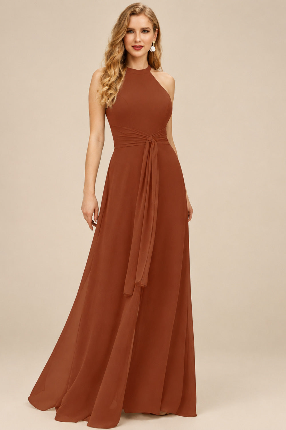 Rutipo Terracotta Jumpsuit/Pantsuit High Neck Bridesmaid Dresses With Cascading Ruffles