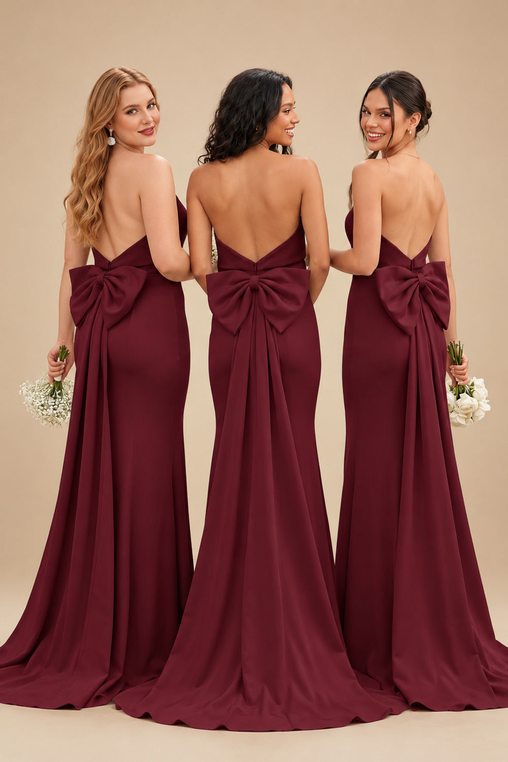 Rutipo Burgundy Open Back Strapless Sheath/Column Bridesmaid Dresses With Bow