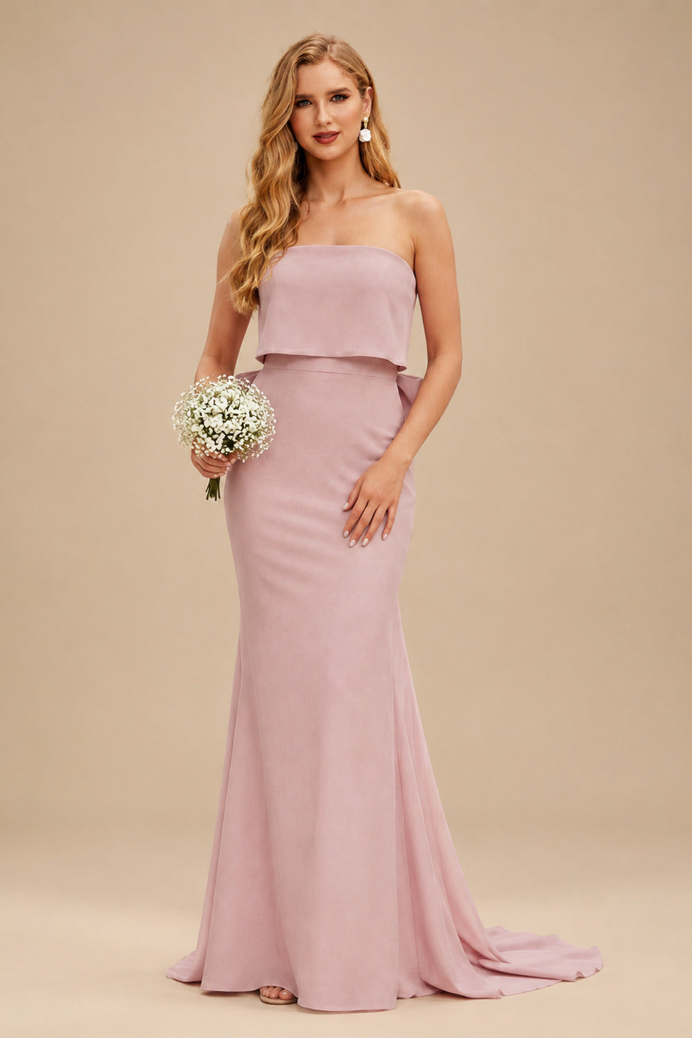Rutipo Dusty Rose Open Back Strapless Sheath/Column Bridesmaid Dresses With Bow