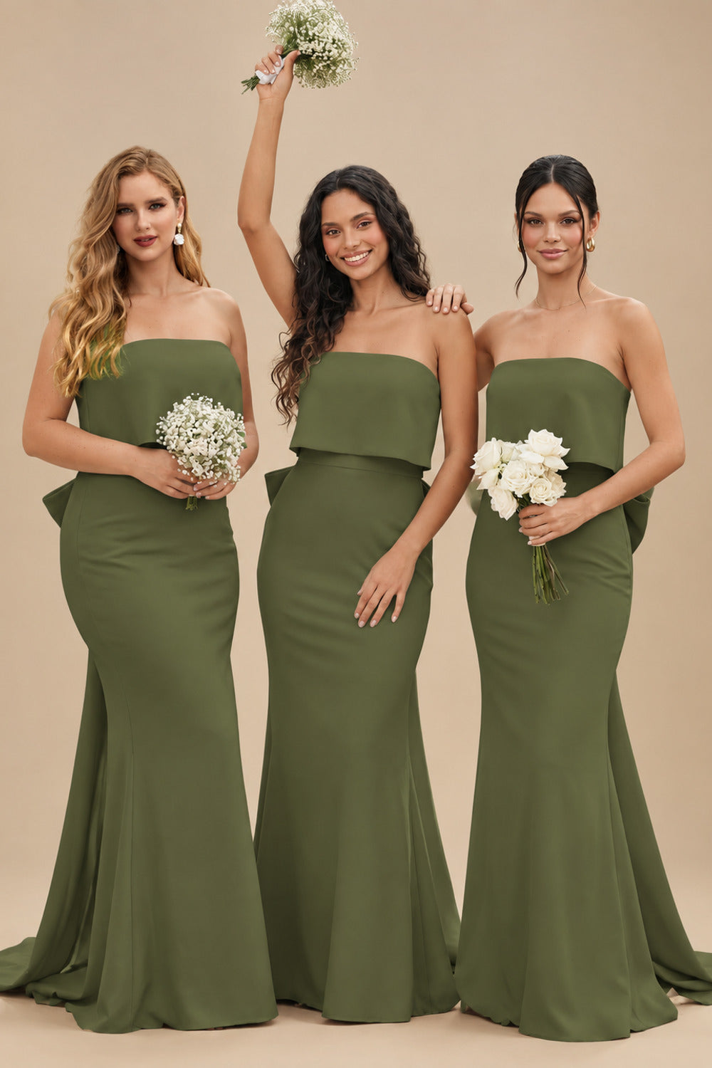 Rutipo Olive Green Open Back Strapless Sheath/Column Bridesmaid Dresses With Bow