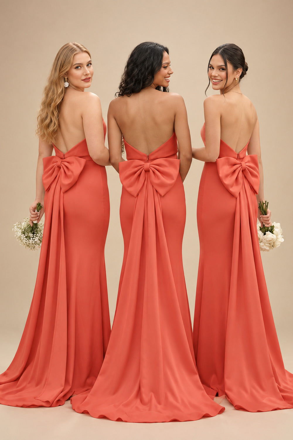 Rutipo Papaya Open Back Strapless Sheath/Column Bridesmaid Dresses With Bow