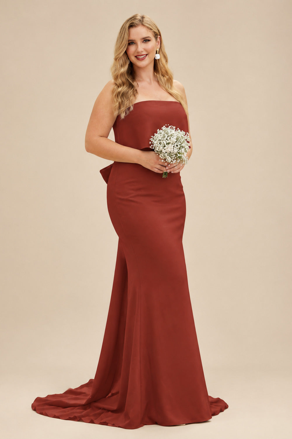 Rutipo Vermilion Open Back Strapless Sheath/Column Bridesmaid Dresses With Bow