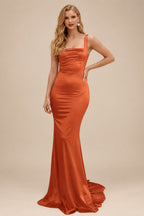 Rutipo Burnt Orange Mermaid Square Neckline Sleeveless Sweep Train Silk Like Satin Bridesmaid Dresses