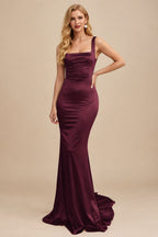 Rutipo Cabernet Mermaid Square Neckline Sleeveless Sweep Train Silk Like Satin Bridesmaid Dresses