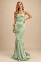 Rutipo Celadon Mermaid Square Neckline Sleeveless Sweep Train Silk Like Satin Bridesmaid Dresses