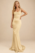 Rutipo Champagne Mermaid Square Neckline Sleeveless Sweep Train Silk Like Satin Bridesmaid Dresses