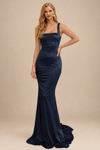 Rutipo Dark Navy Mermaid Square Neckline Sleeveless Sweep Train Silk Like Satin Bridesmaid Dresses