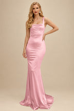 Rutipo Dusty Rose Mermaid Square Neckline Sleeveless Sweep Train Silk Like Satin Bridesmaid Dresses