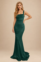 Rutipo Emerald Mermaid Square Neckline Sleeveless Sweep Train Silk Like Satin Bridesmaid Dresses