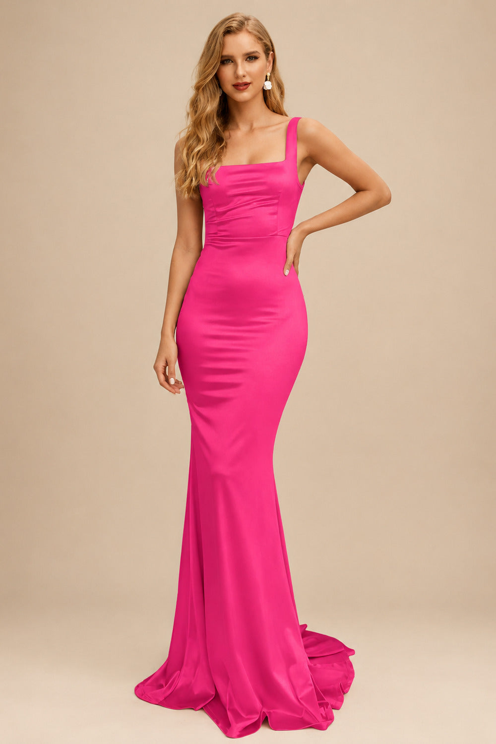 Rutipo Hot Pink Mermaid Square Neckline Sleeveless Sweep Train Silk Like Satin Bridesmaid Dresses