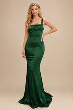Rutipo Hunter Green Mermaid Square Neckline Sleeveless Sweep Train Silk Like Satin Bridesmaid Dresses
