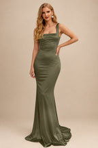 Rutipo Olive Green Mermaid Square Neckline Sleeveless Sweep Train Silk Like Satin Bridesmaid Dresses