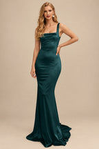 Rutipo Peacock Mermaid Square Neckline Sleeveless Sweep Train Silk Like Satin Bridesmaid Dresses
