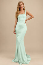 Rutipo Sage Green Mermaid Square Neckline Sleeveless Sweep Train Silk Like Satin Bridesmaid Dresses