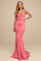 Rutipo Watermelon Mermaid Square Neckline Sleeveless Sweep Train Silk Like Satin Bridesmaid Dresses