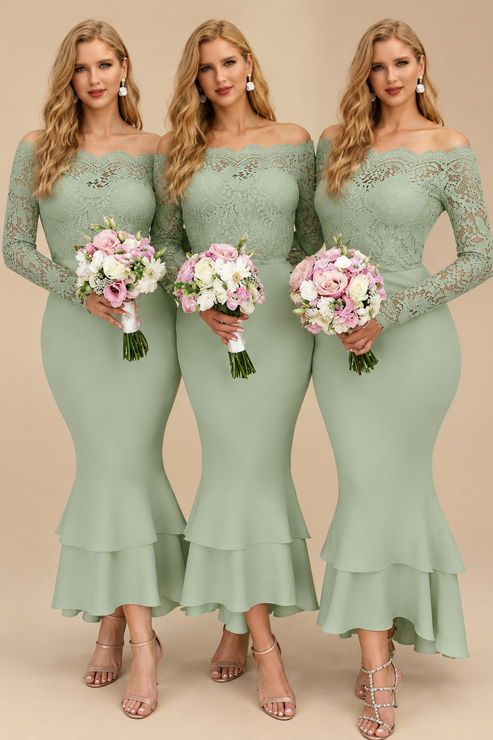 Rutipo Celadon Trumpet/Mermaid Off-The-Shoulder Long Sleeves Lace/Satin Bridesmaid Dresses