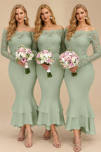 Rutipo Celadon Trumpet/Mermaid Off-The-Shoulder Long Sleeves Lace/Satin Bridesmaid Dresses