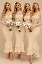 Rutipo Champagne Trumpet/Mermaid Off-The-Shoulder Long Sleeves Lace/Satin Bridesmaid Dresses