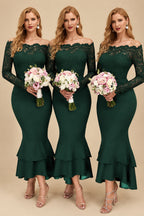Rutipo Hunter Green Trumpet/Mermaid Off-The-Shoulder Long Sleeves Lace/Satin Bridesmaid Dresses