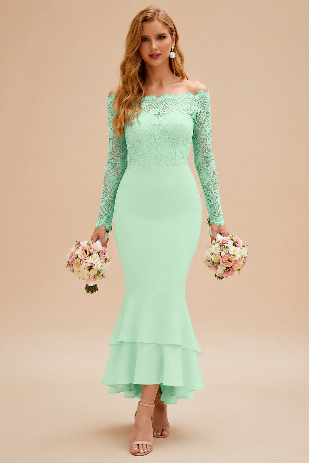 Rutipo Mint Green Trumpet/Mermaid Off-The-Shoulder Long Sleeves Lace/Satin Bridesmaid Dresses