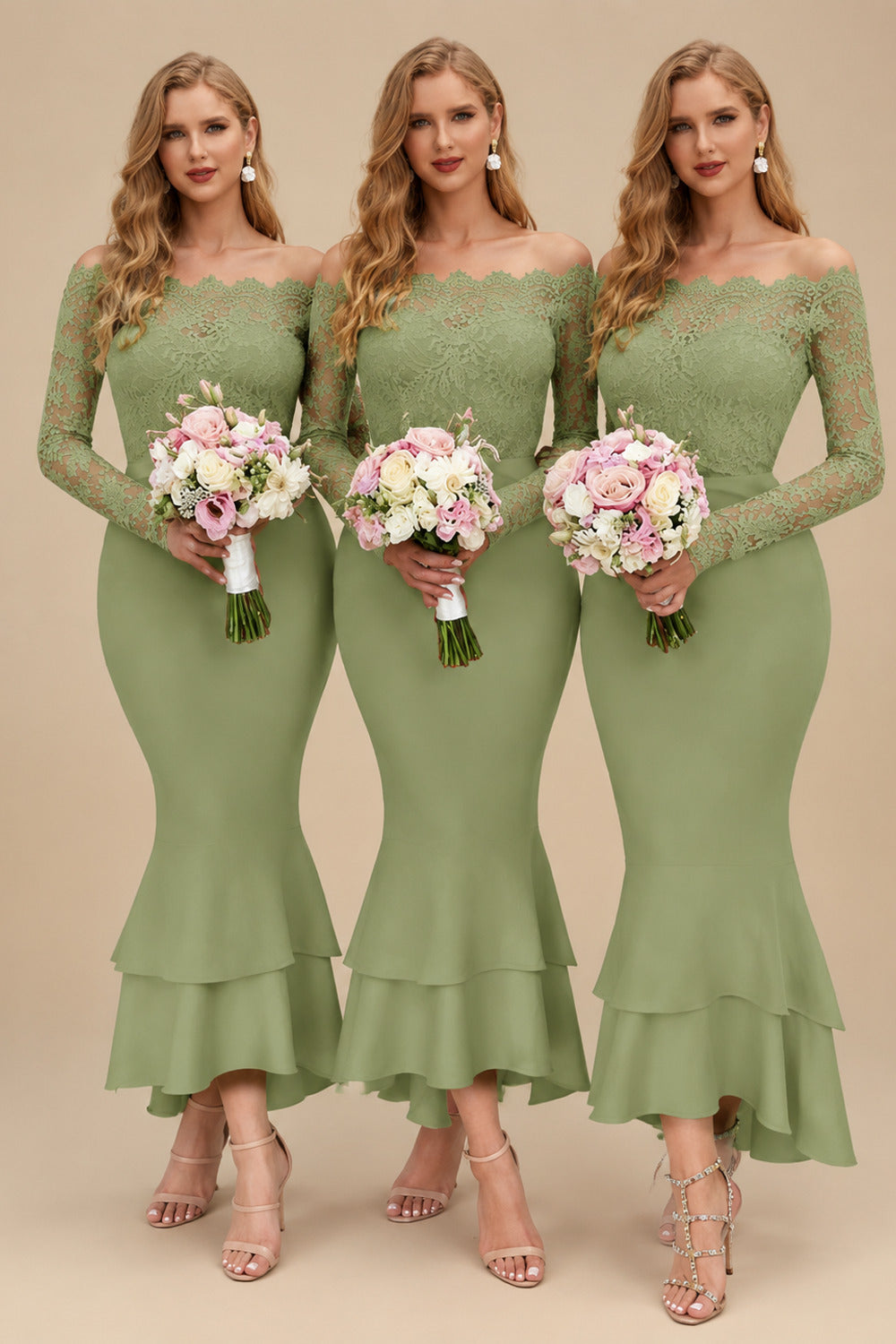 Rutipo Moss Green Trumpet/Mermaid Off-The-Shoulder Long Sleeves Lace/Satin Bridesmaid Dresses
