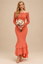 Rutipo Papaya Trumpet/Mermaid Off-The-Shoulder Long Sleeves Lace/Satin Bridesmaid Dresses