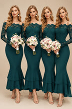 Rutipo Peacock Trumpet/Mermaid Off-The-Shoulder Long Sleeves Lace/Satin Bridesmaid Dresses