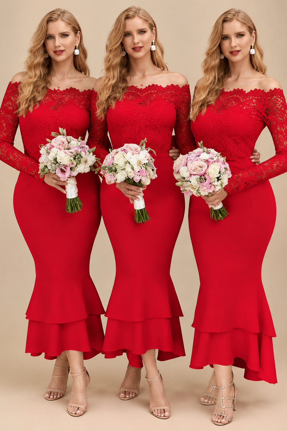 Rutipo Red Trumpet/Mermaid Off-The-Shoulder Long Sleeves Lace/Satin Bridesmaid Dresses