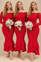 Rutipo Red Trumpet/Mermaid Off-The-Shoulder Long Sleeves Lace/Satin Bridesmaid Dresses
