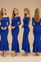 Rutipo Royal Blue Trumpet/Mermaid Off-The-Shoulder Long Sleeves Lace/Satin Bridesmaid Dresses