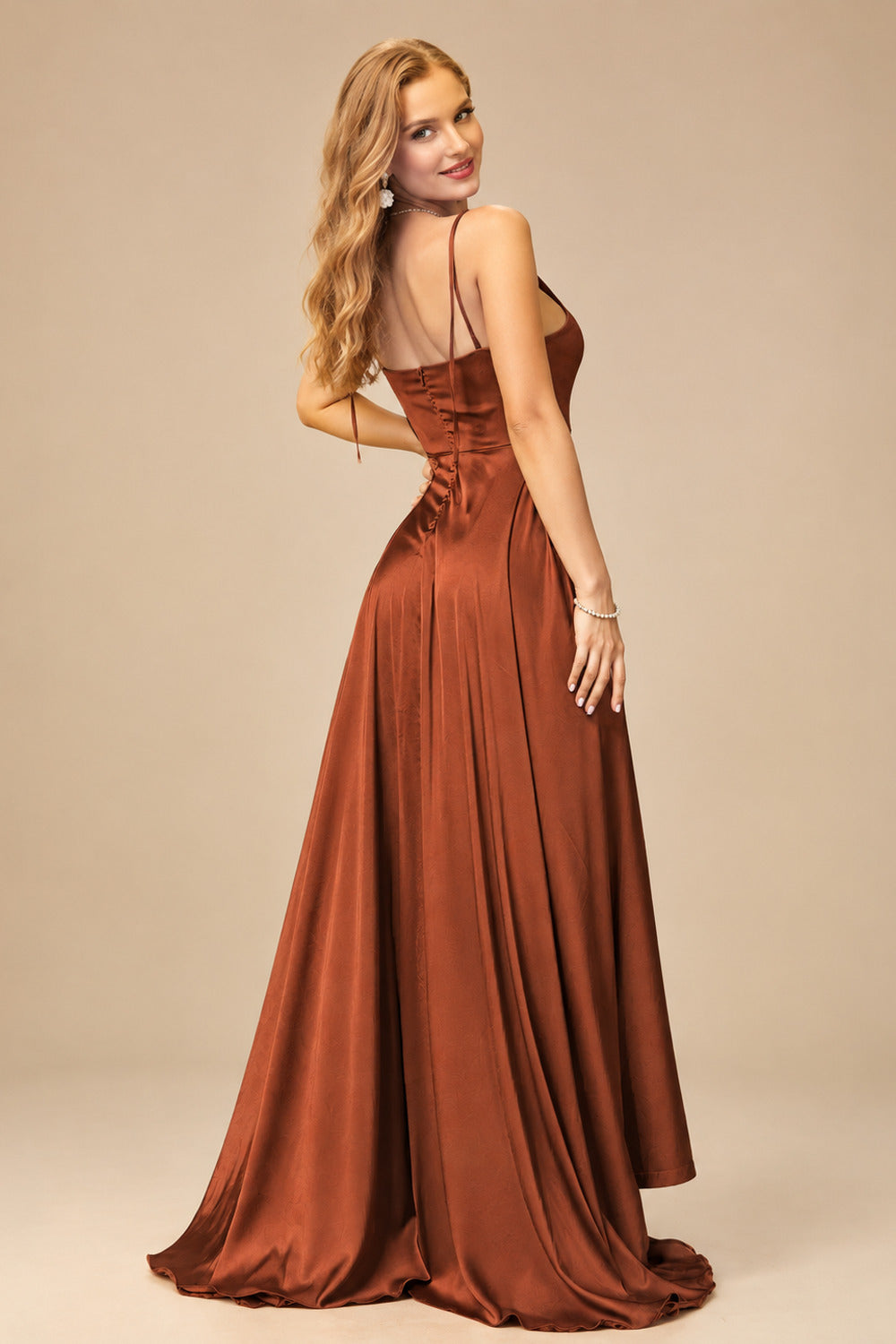 Rutipo As Picture Silk Like Satin A-Line Slit Bridesmaid Dresses With Spaghetti Straps