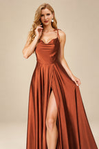 Rutipo As Picture Silk Like Satin A-Line Slit Bridesmaid Dresses With Spaghetti Straps